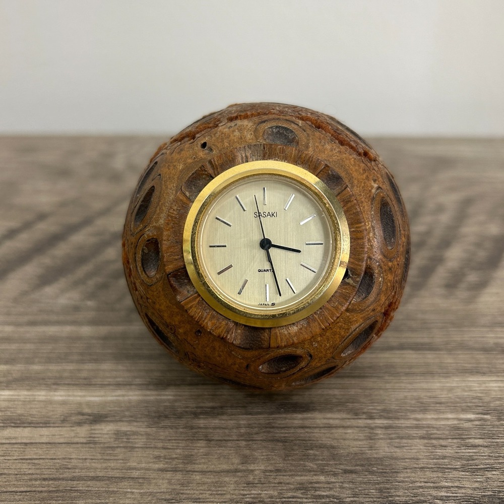 Vintage Sasaki Quartz Desk Clock in Banksia Seed Pod Wood Turned Sphere Ball